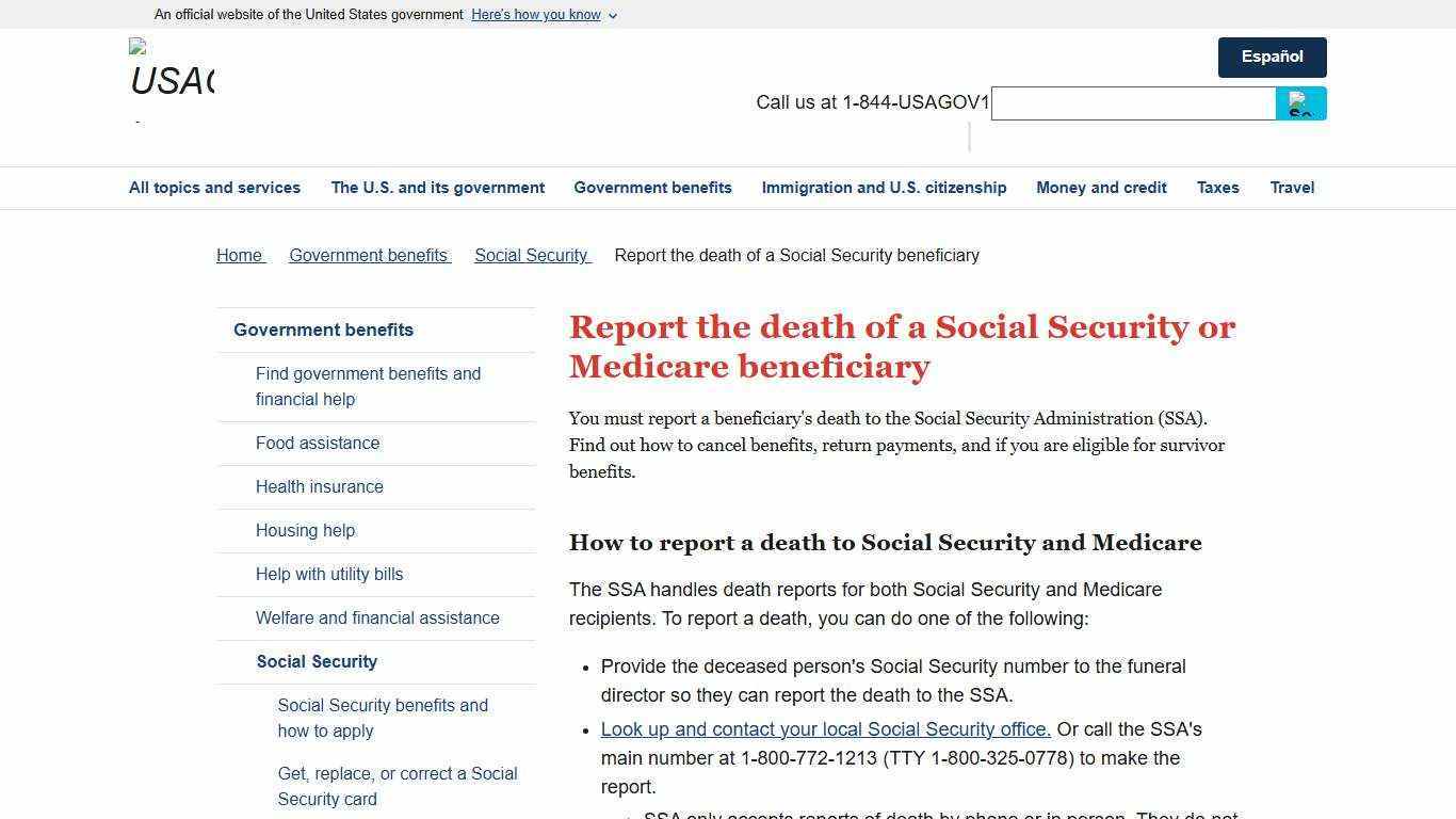 Report the death of a Social Security or Medicare beneficiary | USAGov